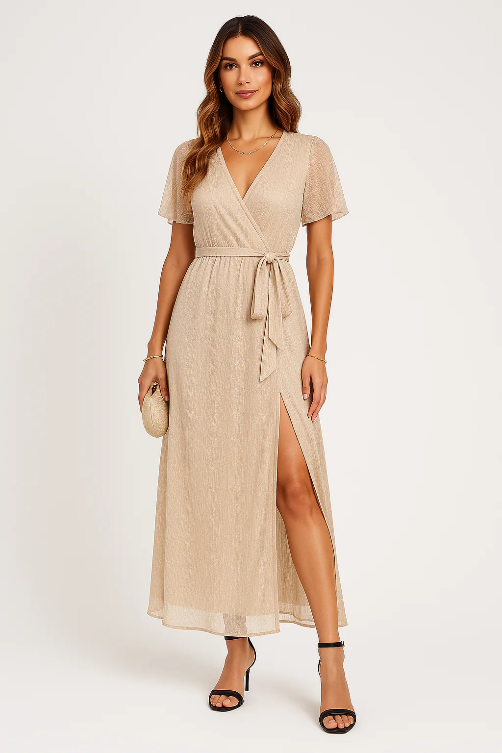 Women's Maxi Dress – Wrap Style – V-Neck – Tie Belt – Butterfly Sleeves – Slit - Image 3