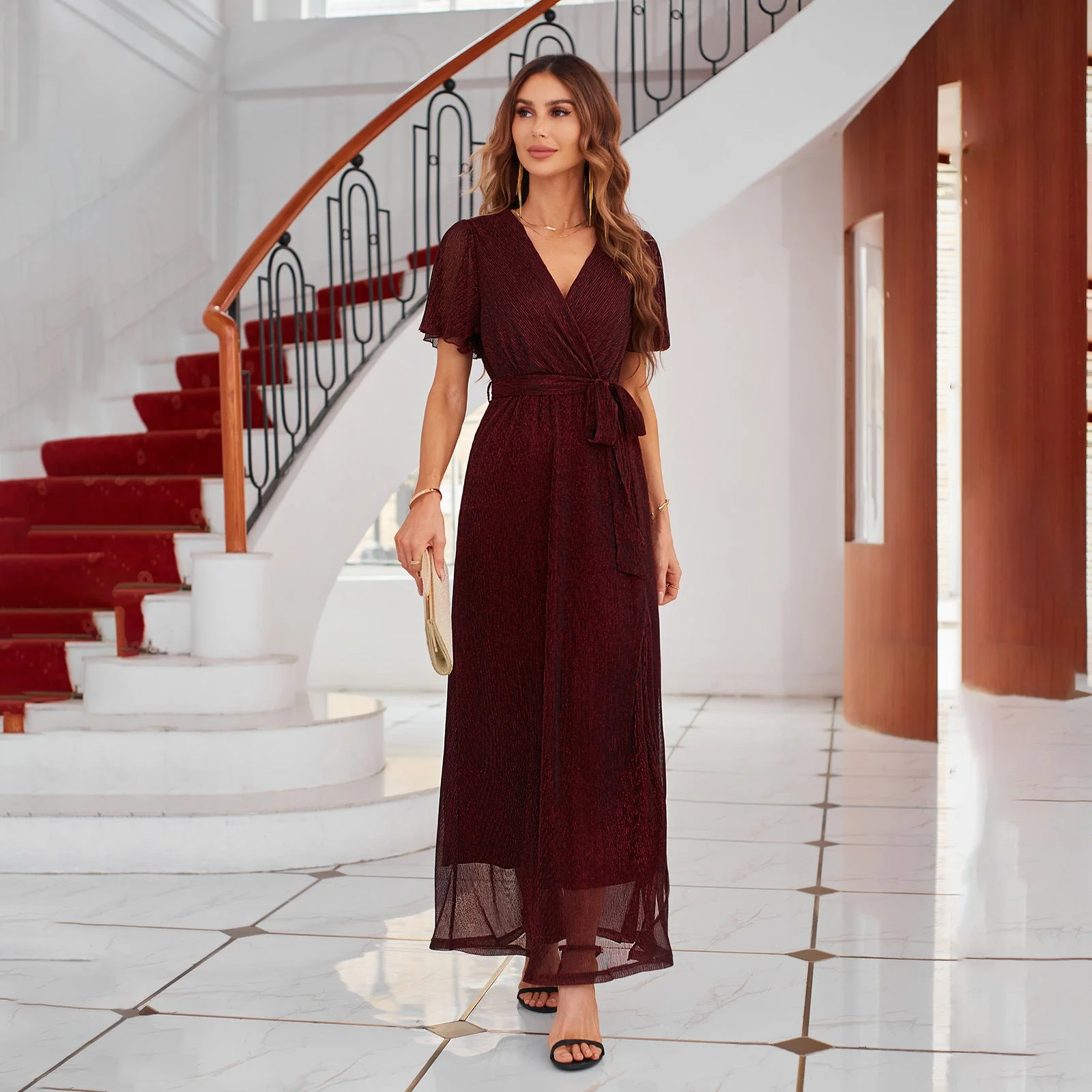 Women's Maxi Dress – Wrap Style – V-Neck – Tie Belt – Butterfly Sleeves – Slit - Image 6