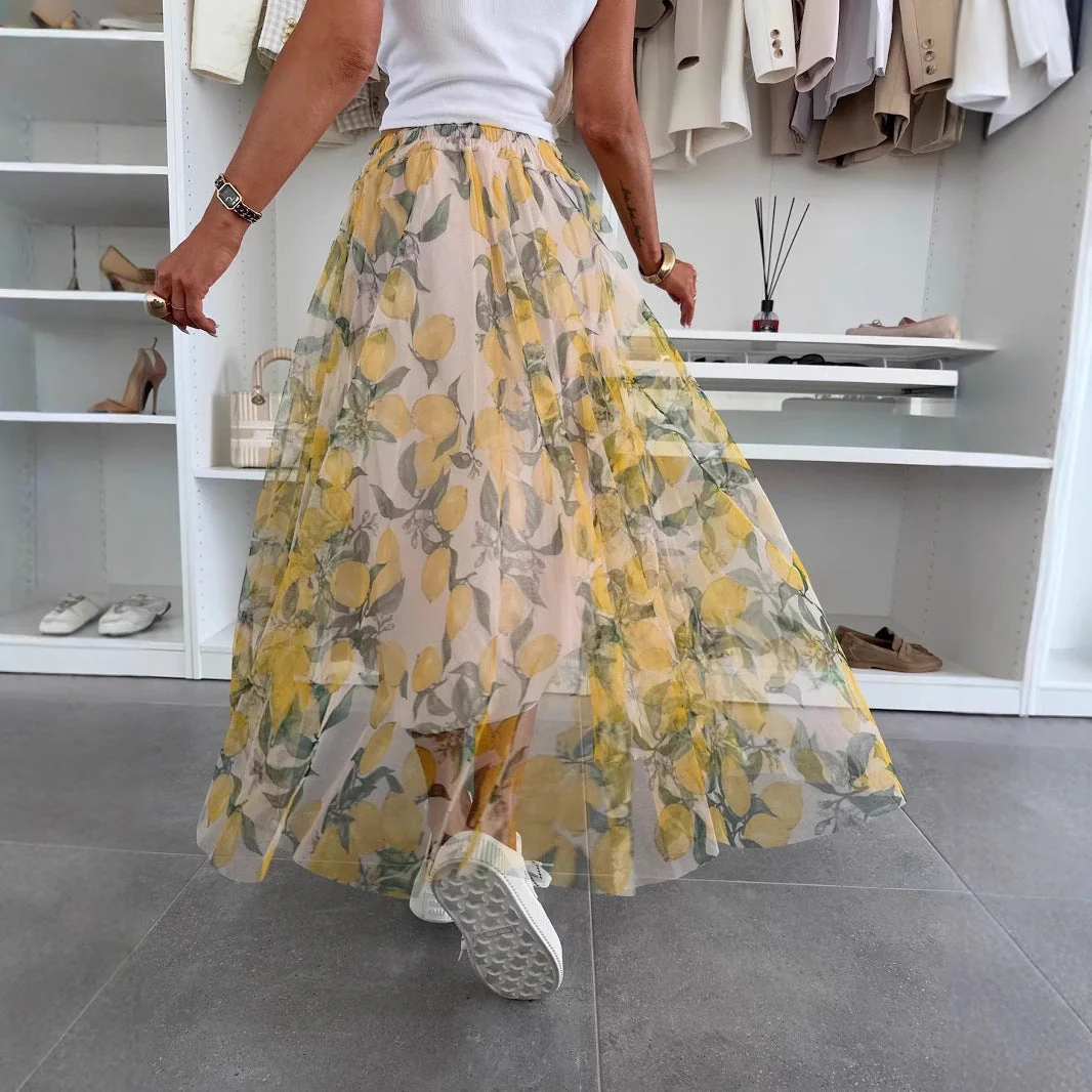 Women's Maxi Skirt – A-line – Airy Mesh – Elastic Waist – Printed Pattern - Image 2