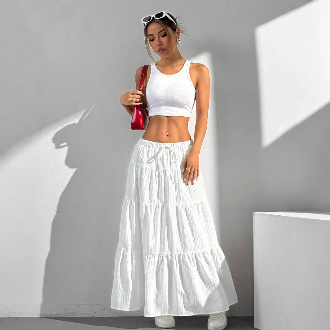 Women's Maxi Skirt – A-line Fit – Layered Ruffles – Drawstring Waist - Image 5