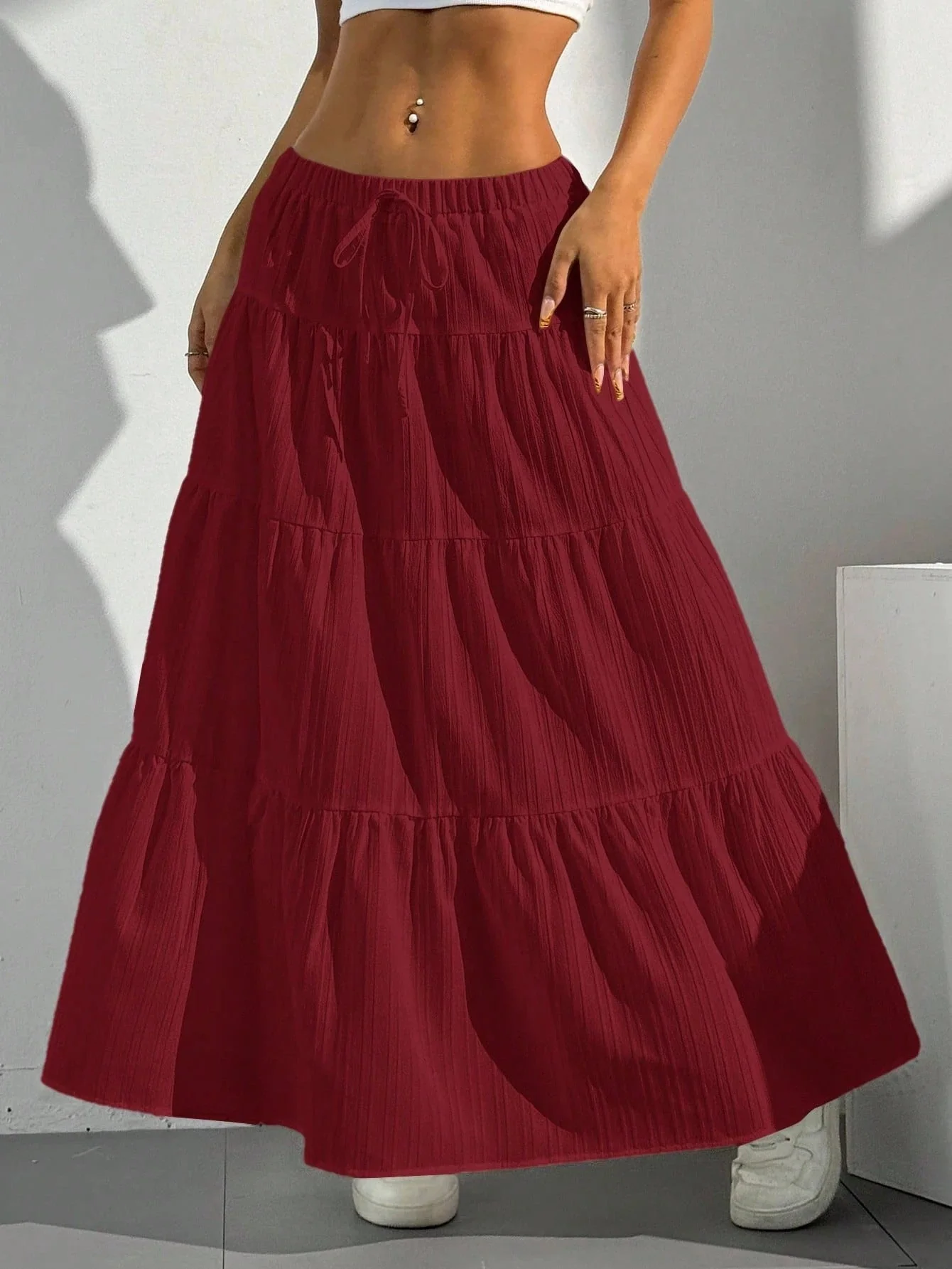 Women's Maxi Skirt – A-line Fit – Layered Ruffles – Drawstring Waist - Image 8