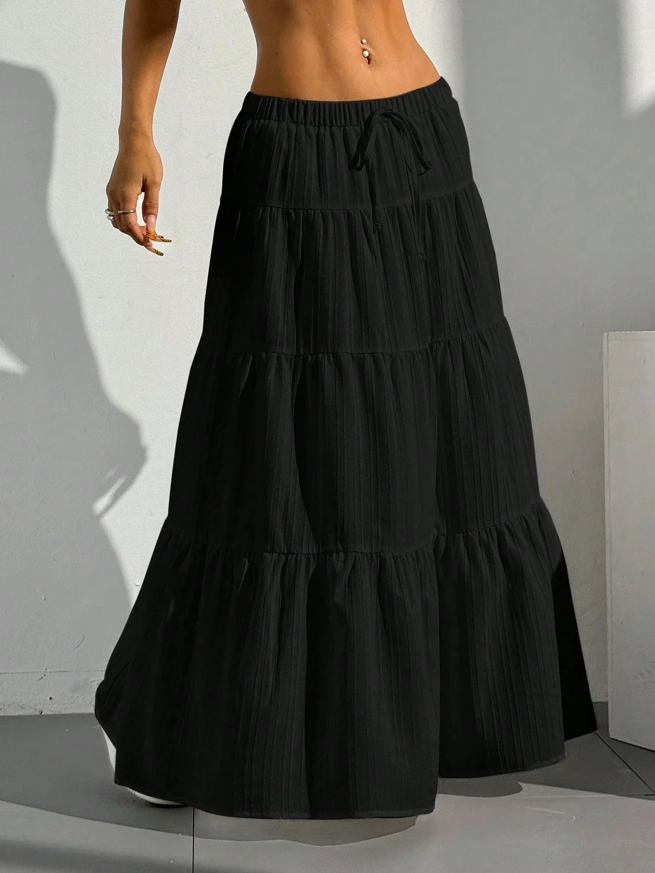 Women's Maxi Skirt – A-line Fit – Layered Ruffles – Drawstring Waist - Image 9