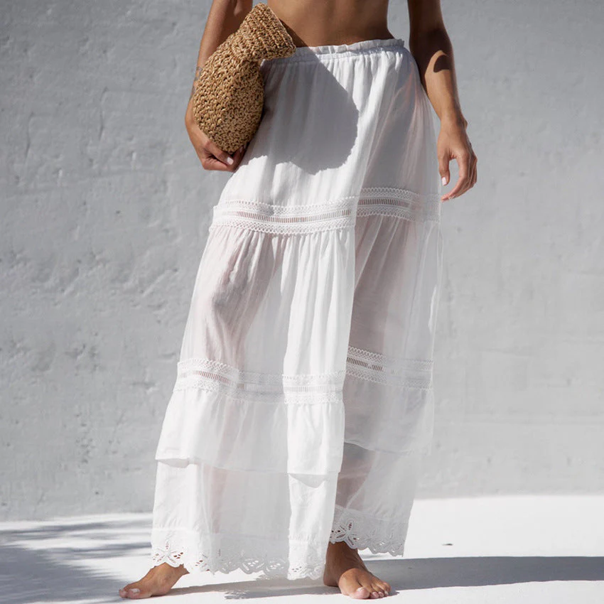 Women's Maxi Skirt – Loose Fit – Layered Look – Lace Details – Elastic Waist - Image 2