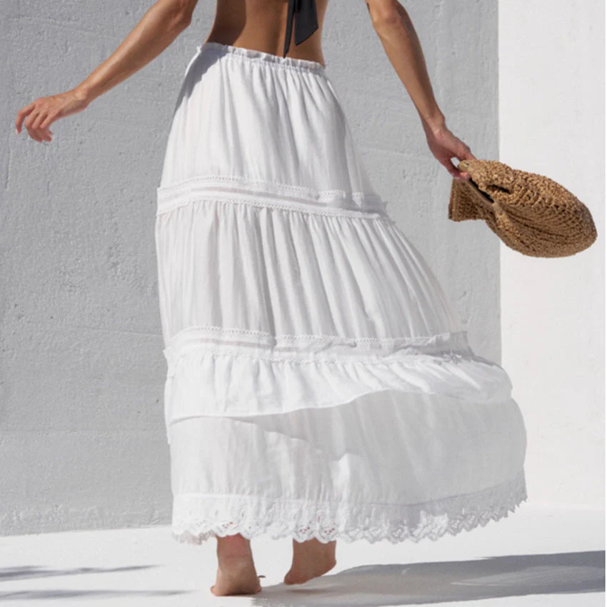Women's Maxi Skirt – Loose Fit – Layered Look – Lace Details – Elastic Waist - Image 3