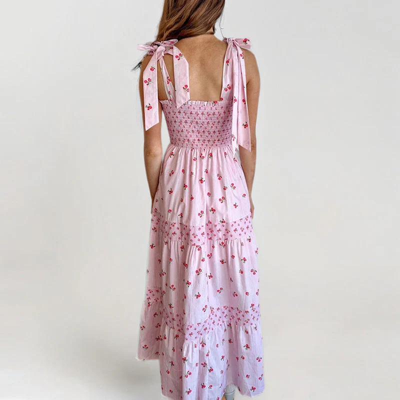 Women's Maxi Summer Dress – Smocked Bust – Tiered Layers – Floral Print – Tie Straps - Image 2