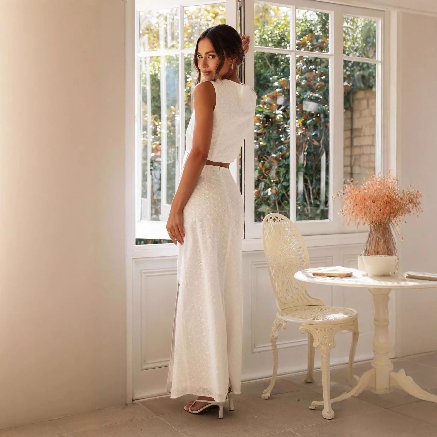 Women's Maxi Dress – Fitted Style – Sleeveless – Cut-Out Waist – High Slit - Image 2