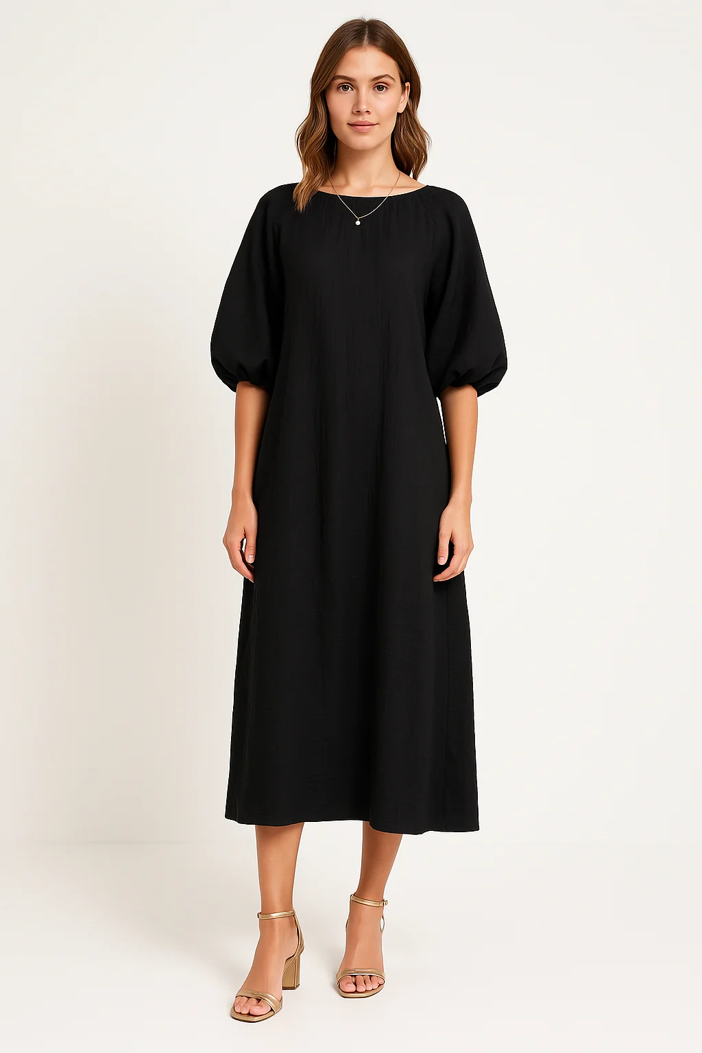Ladies Maxi Dress – Loose-Fitting Model – Puff Sleeves – Round Neck – Airy Fabric - Image 2