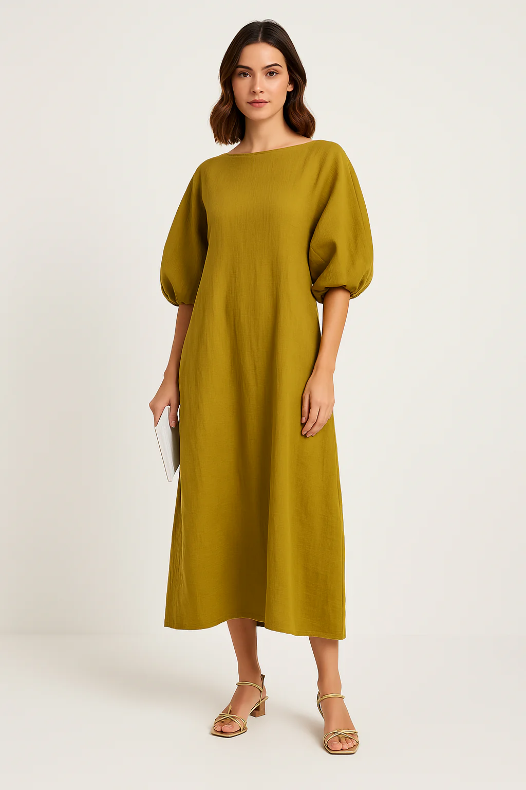 Ladies Maxi Dress – Loose-Fitting Model – Puff Sleeves – Round Neck – Airy Fabric - Image 3