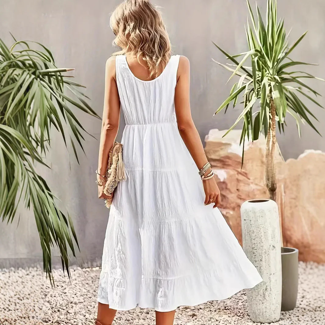 Ladies Maxi Dress – Sleeveless – A-line – Cotton – U-neck – Layered Skirt – Buttons - Image 3