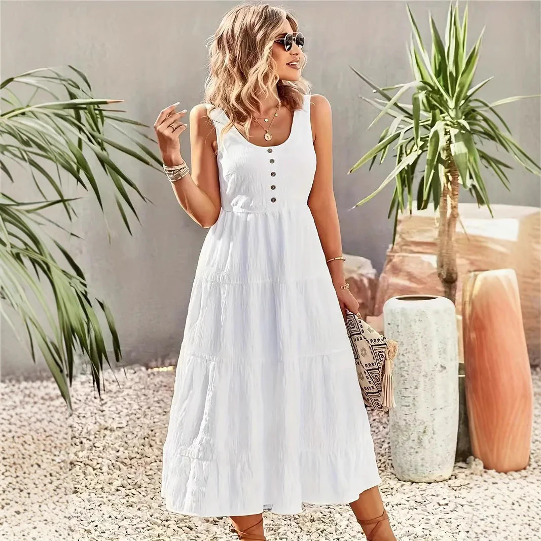 Ladies Maxi Dress – Sleeveless – A-line – Cotton – U-neck – Layered Skirt – Buttons - Image 4