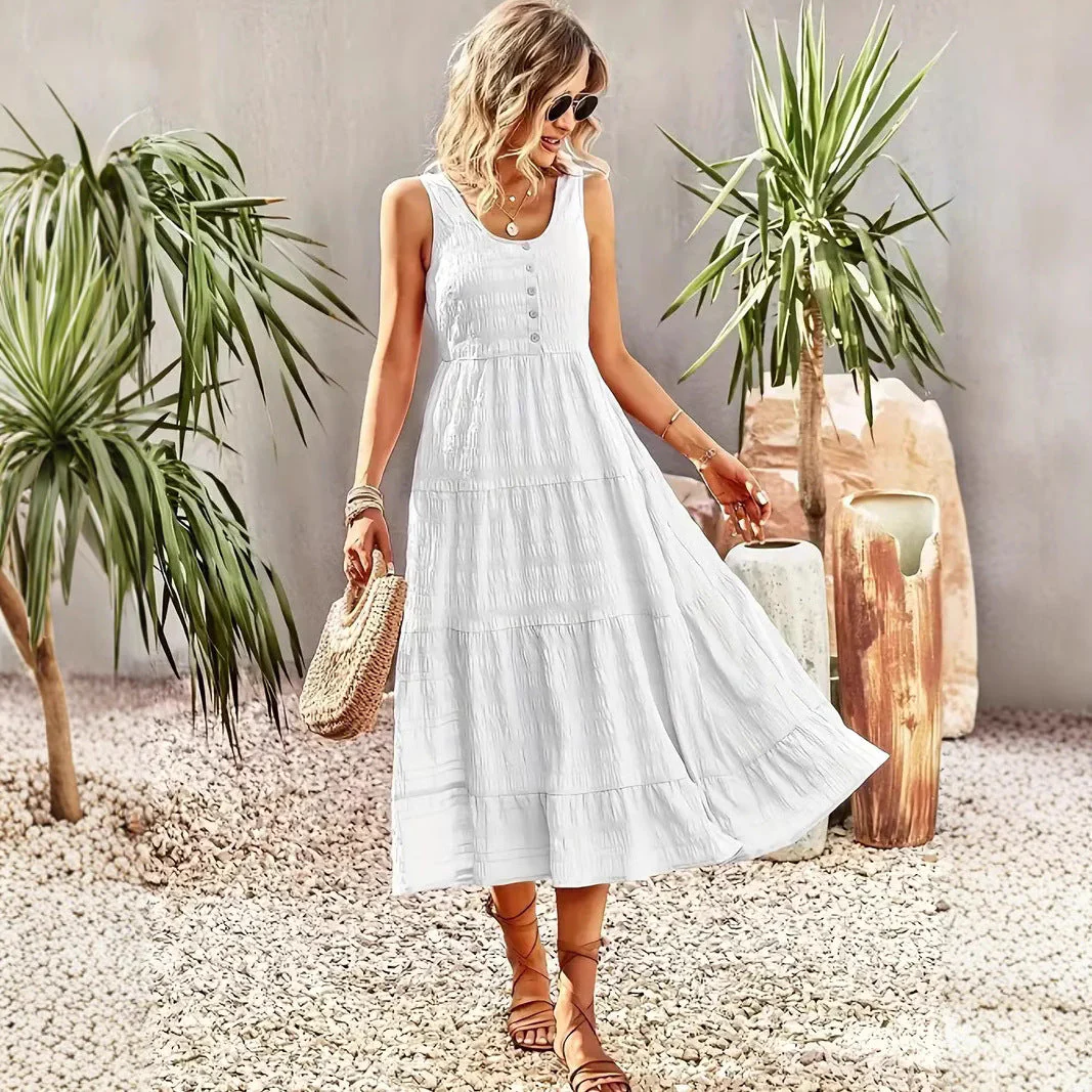 Ladies Maxi Dress – Sleeveless – A-line – Cotton – U-neck – Layered Skirt – Buttons - Image 5