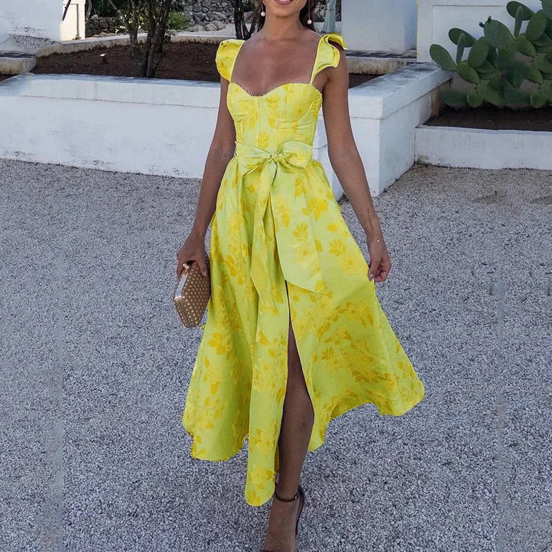 Ladies maxi dress – Natural fabrics – Sweetheart neckline – Tie straps – High slit - Image 3