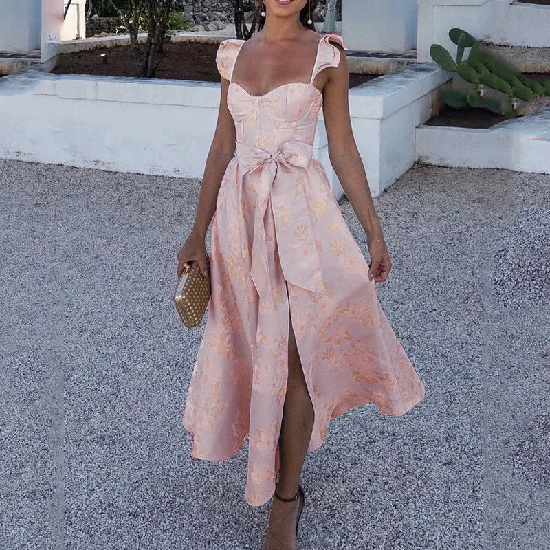 Ladies maxi dress – Natural fabrics – Sweetheart neckline – Tie straps – High slit - Image 4