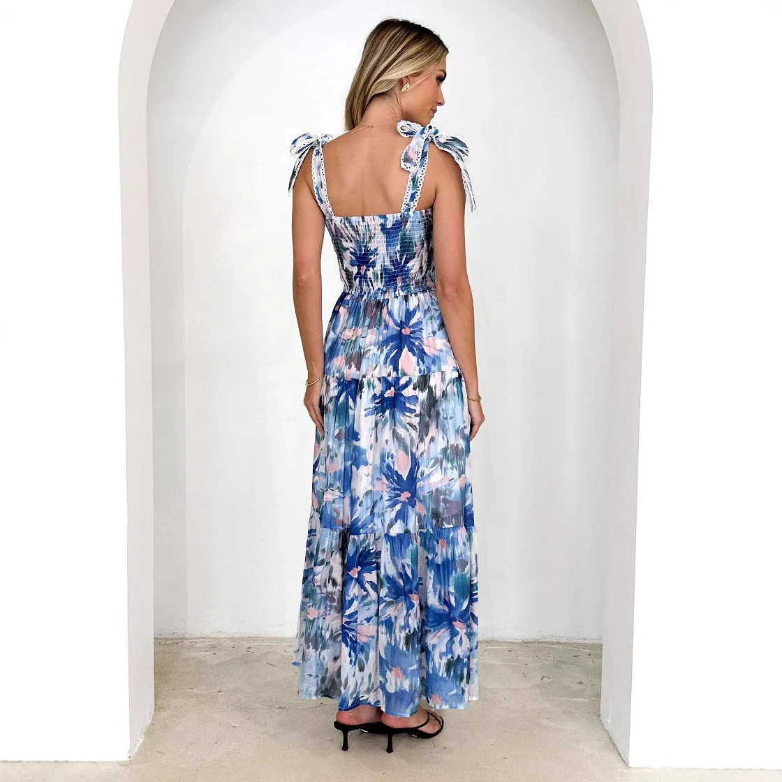 Women's Maxi Dress – Shirred Top – Adjustable Straps – Layered Skirt – Floral Print - Image 3