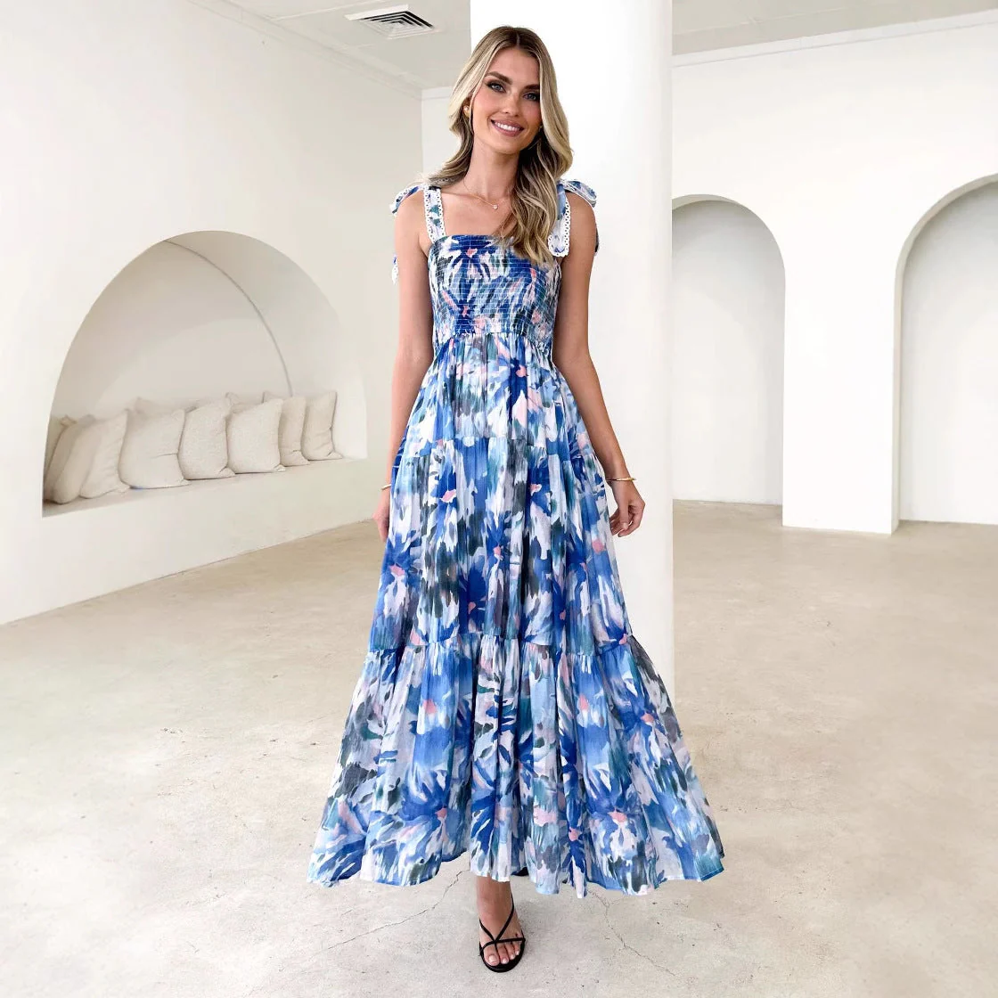 Women's Maxi Dress – Shirred Top – Adjustable Straps – Layered Skirt – Floral Print - Image 4