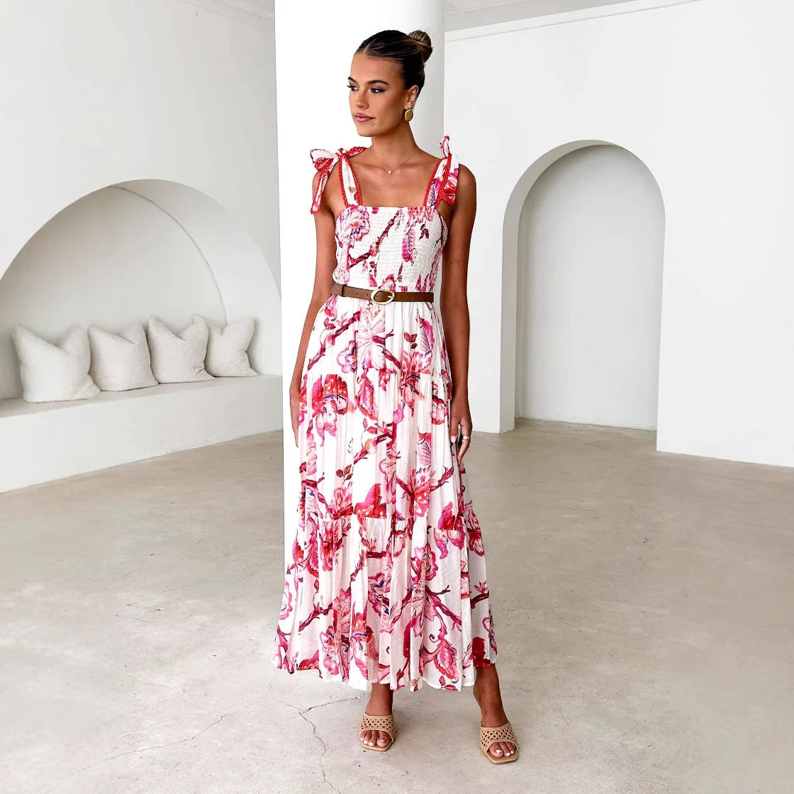 Women's Maxi Dress – Shirred Top – Adjustable Straps – Layered Skirt – Floral Print - Image 6