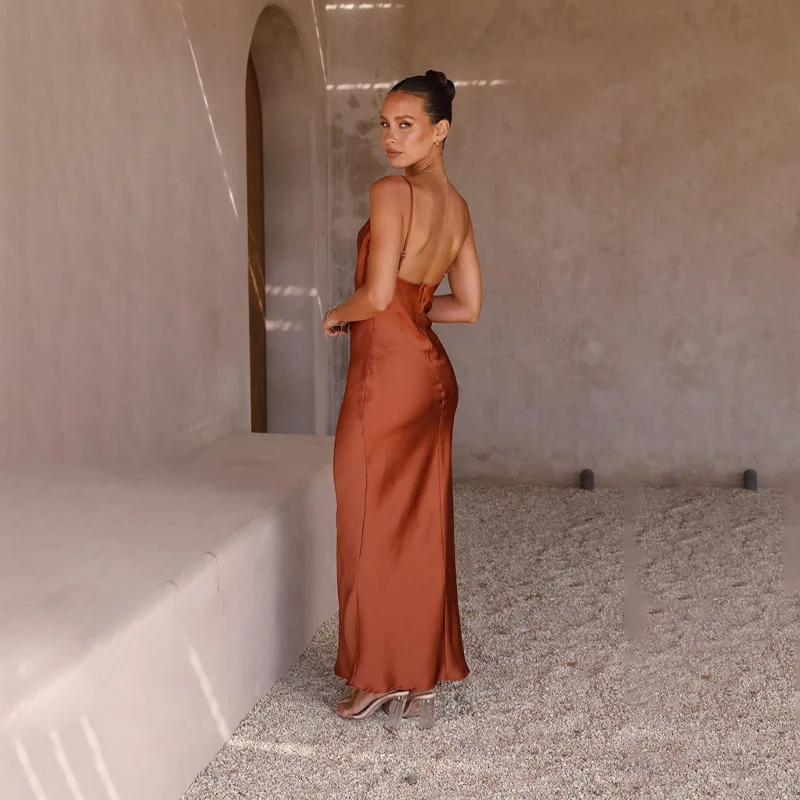 Ladies Maxi Dress – Slim Fit – Luxury Shiny Fabric – Sleeveless Cowl Neck Eveningwear - Image 10