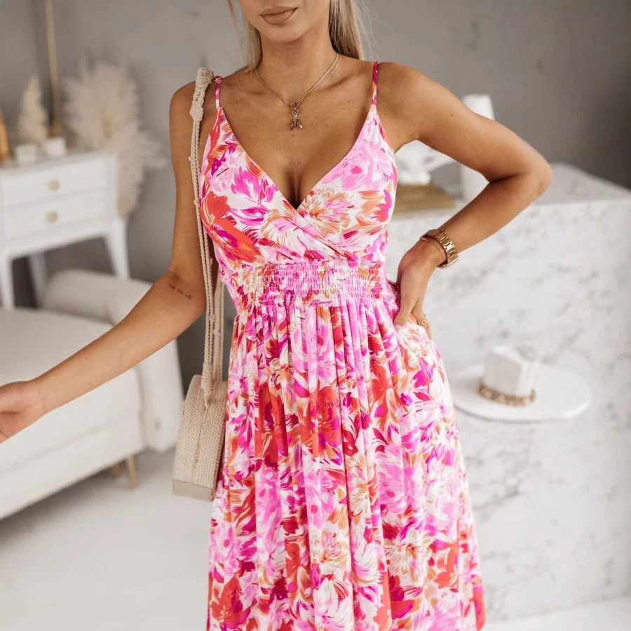 Women's Maxi Dress – V-Neck Wrap – Adjustable Straps – Floral Print – Fitted - Image 4