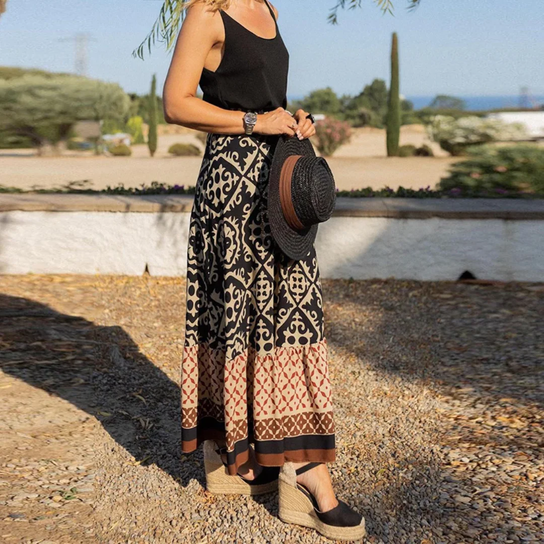 Women's Maxi Skirt – A-line Fit – Natural Materials – Geometric Pattern – Ruffle Hem - Image 2
