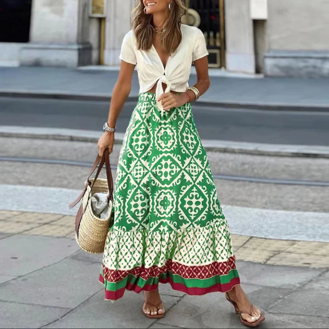 Women's Maxi Skirt – A-line Fit – Natural Materials – Geometric Pattern – Ruffle Hem - Image 3