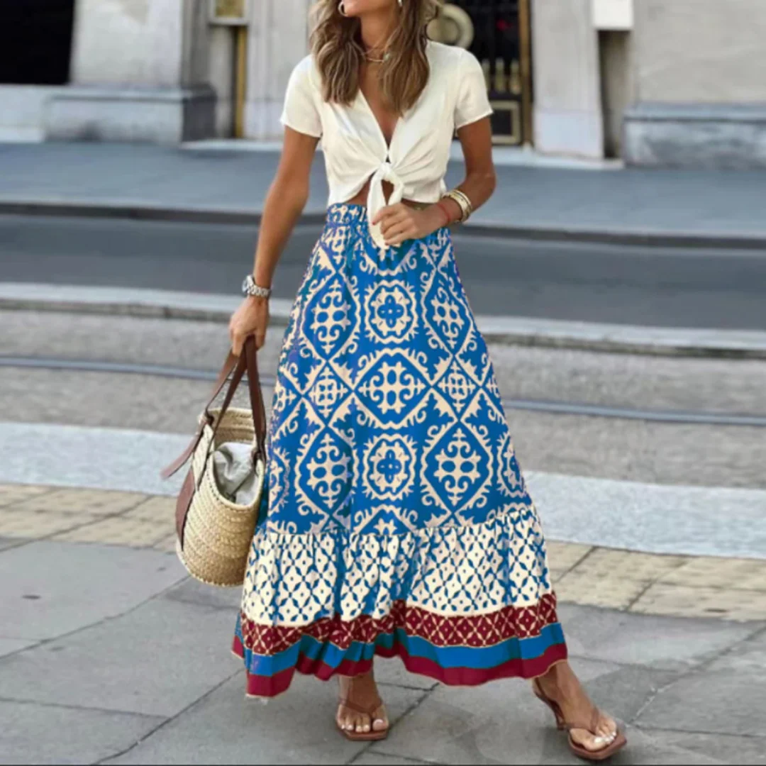 Women's Maxi Skirt – A-line Fit – Natural Materials – Geometric Pattern – Ruffle Hem - Image 4