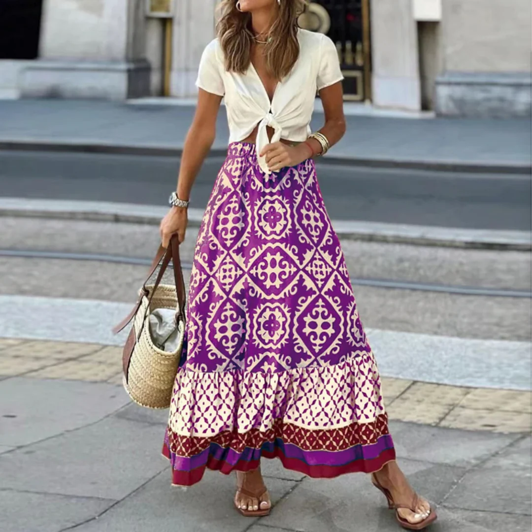 Women's Maxi Skirt – A-line Fit – Natural Materials – Geometric Pattern – Ruffle Hem - Image 5