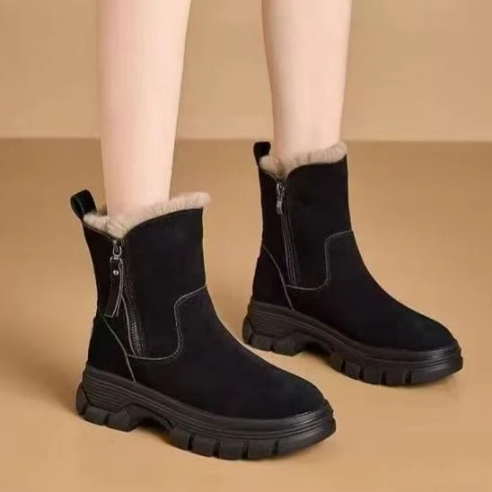 Women's Mid-Calf Boots – Suede Look – Imitation Fur – Side Zipper – Sturdy Sole - Image 2