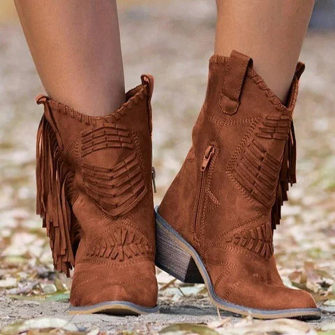 Women's mid-calf boots – faux suede – fringes – embossed pattern – block heel - Image 3