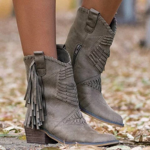 Women's mid-calf boots – faux suede – fringes – embossed pattern – block heel - Image 4