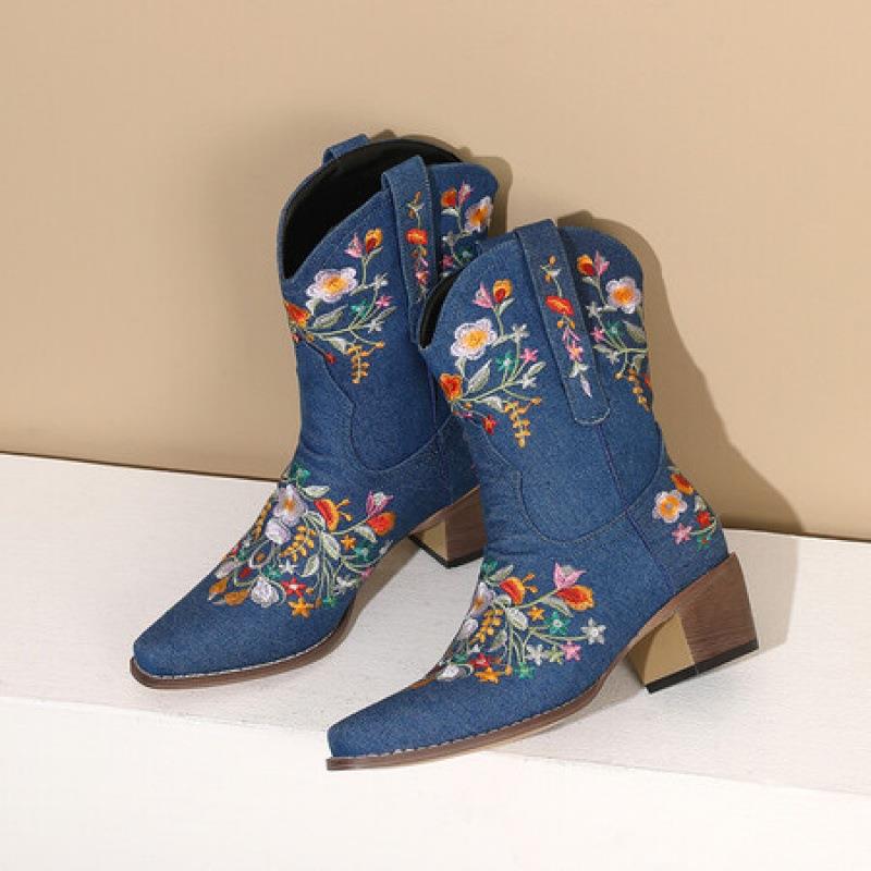 Women's Mid-Calf Boots – Embroidered Flowers – Pointed Toe – Block Heel – Textile - Image 2