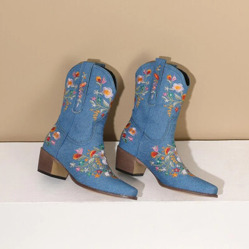 Women's Mid-Calf Boots – Embroidered Flowers – Pointed Toe – Block Heel – Textile - Image 3
