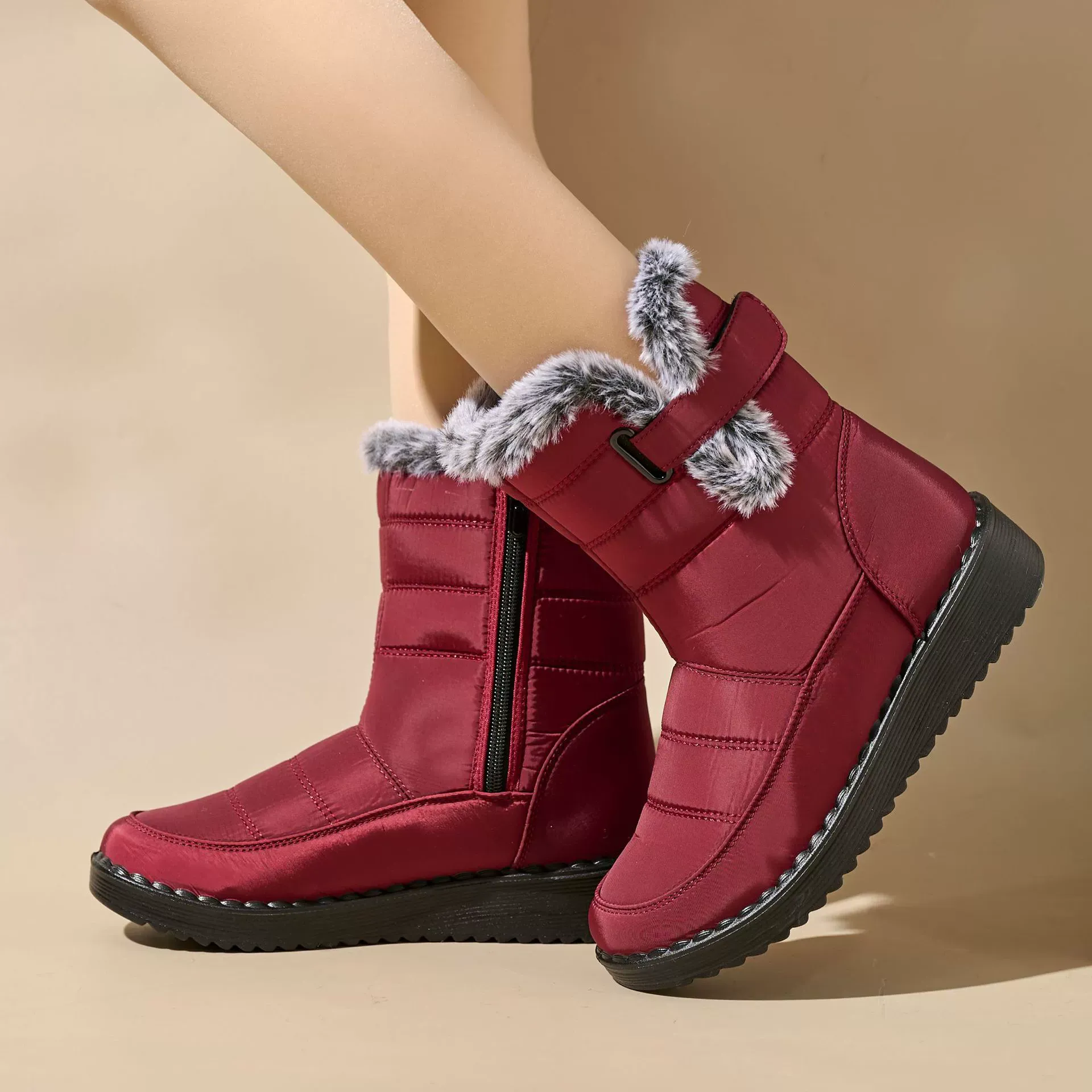 Women's Mid-Calf Boots – Quilted Weather-Resistant – Faux Fur – Flat Sole – Side Zip - Image 2