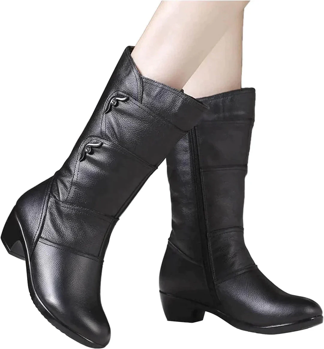 Women's Mid-Calf Boots – Leather Look – Side Zip – Low Heel – Slim Fit - Image 2