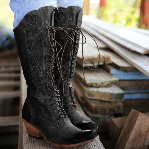 Women's Mid-Calf Boots – Leather Look – Lace-Up Closure – Embossed Detail – Block Heel - Image 2