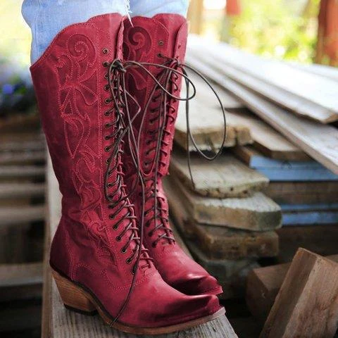 Women's Mid-Calf Boots – Leather Look – Lace-Up Closure – Embossed Detail – Block Heel - Image 3