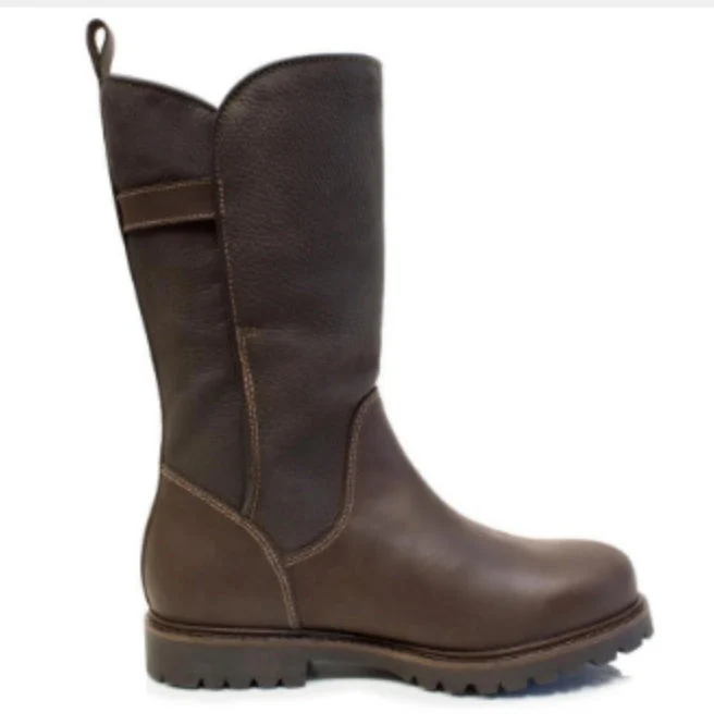 Women's Mid-Calf Boots – Leather Mix – Contrast Stitching – Block Heel – Profile Sole - Image 2