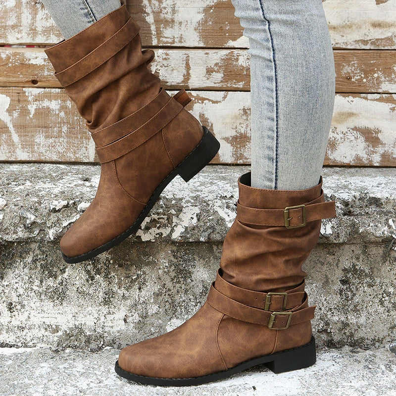 Women's Mid-Calf Boots – Slouchy Fit – Buckle Details – Low Block Heel – Grip Sole - Image 2