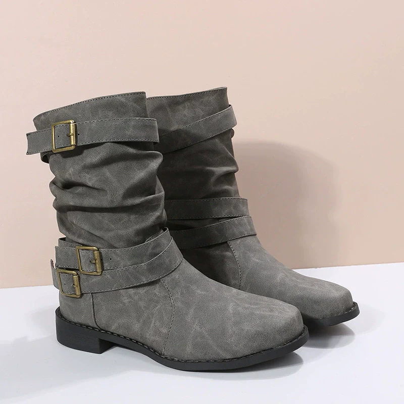 Women's Mid-Calf Boots – Slouchy Fit – Buckle Details – Low Block Heel – Grip Sole - Image 3