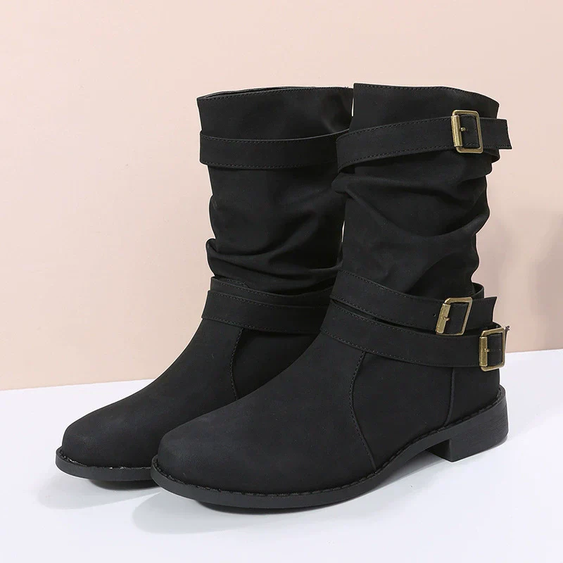 Women's Mid-Calf Boots – Slouchy Fit – Buckle Details – Low Block Heel – Grip Sole - Image 4
