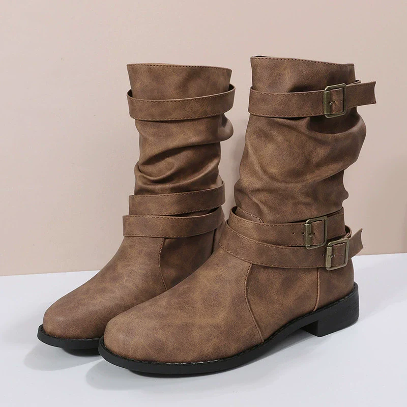 Women's Mid-Calf Boots – Slouchy Fit – Buckle Details – Low Block Heel – Grip Sole - Image 5