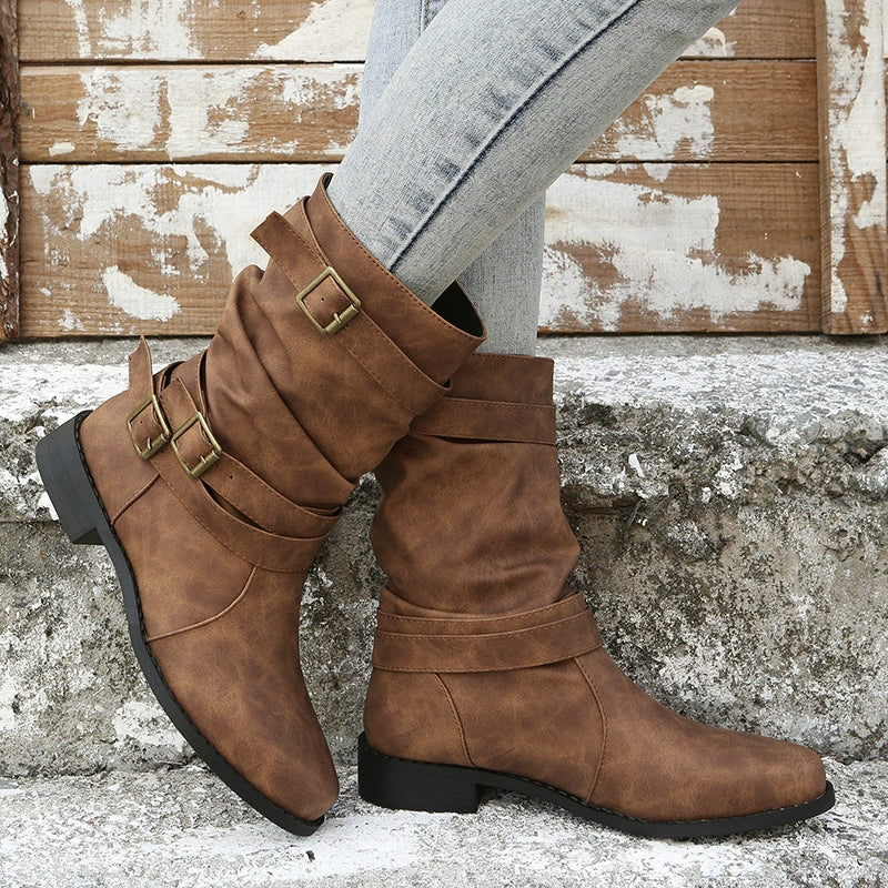 Women's Mid-Calf Boots – Slouchy Fit – Buckle Details – Low Block Heel – Grip Sole - Image 6