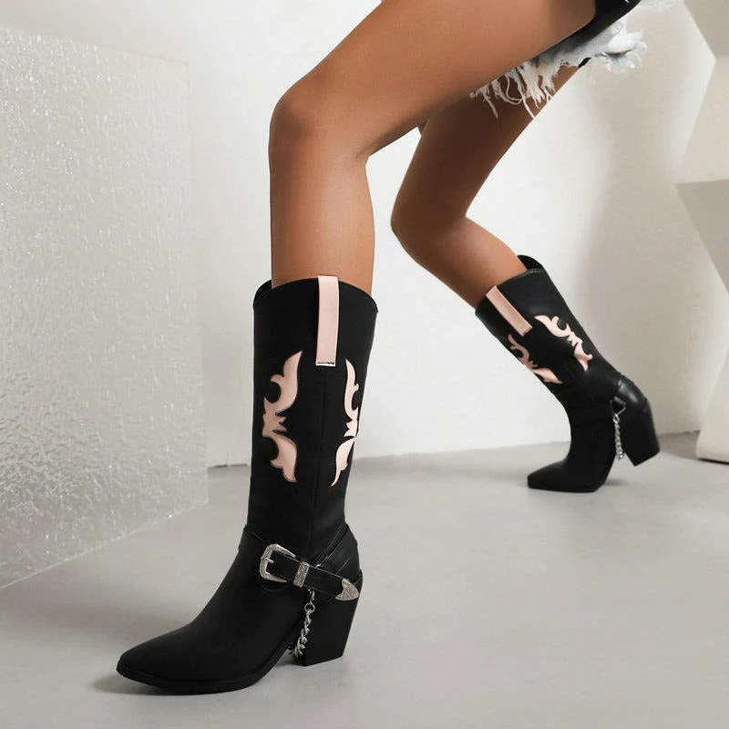 Women's Mid-Calf Boots – Western Style – Pointed Toe – Block Heel – Embroidered Detail – Chain - Image 2