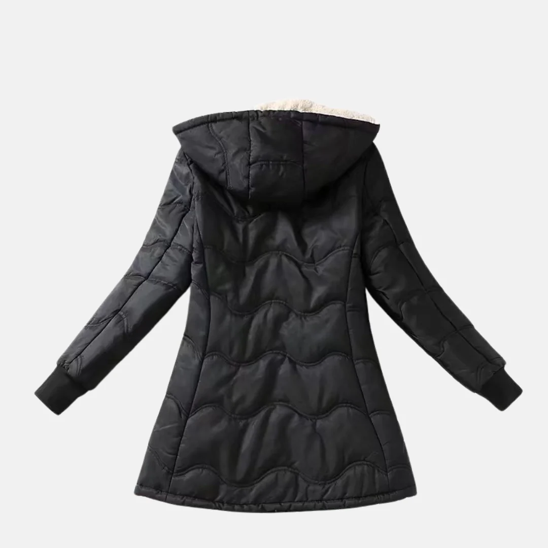 Women's Mid-Length Coat – Loose Fit – Padded – Sherpa Lining – Hood – Zipper - Image 2