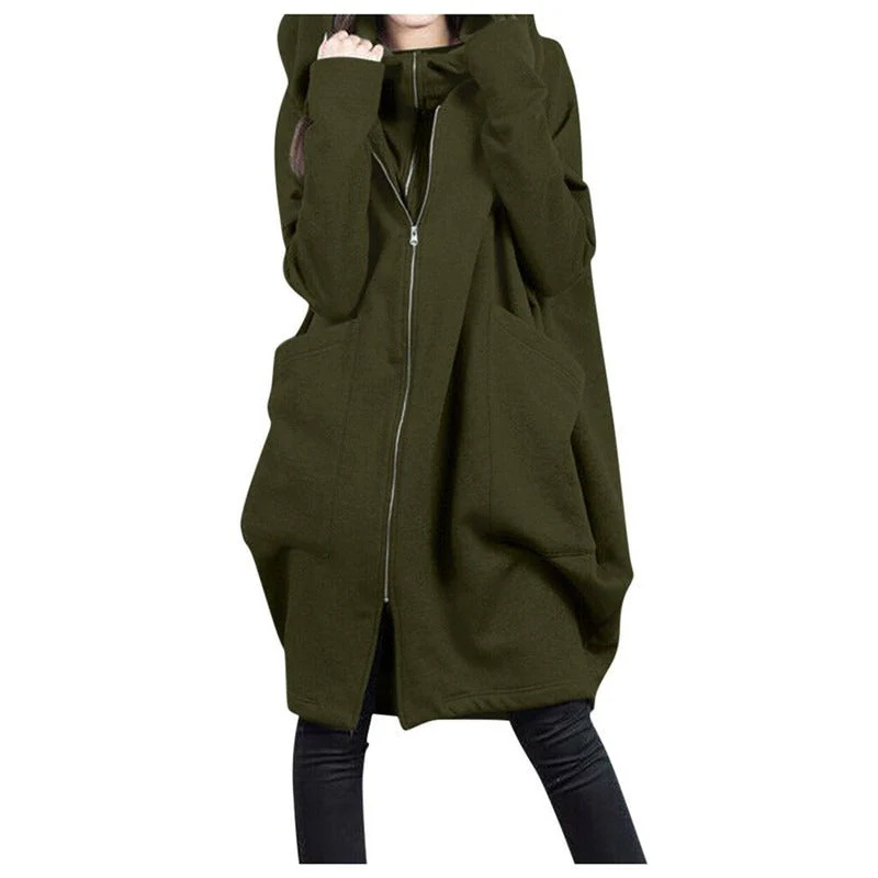 Women's Mid-Length Coat – Oversized Fit – Hood – Zipper Closure – Soft Wool Look - Image 2