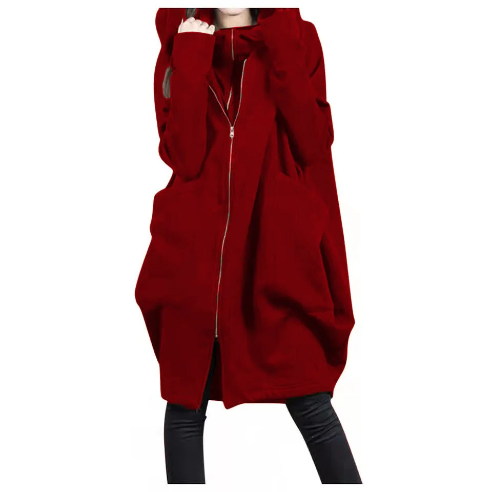 Women's Mid-Length Coat – Oversized Fit – Hood – Zipper Closure – Soft Wool Look - Image 3