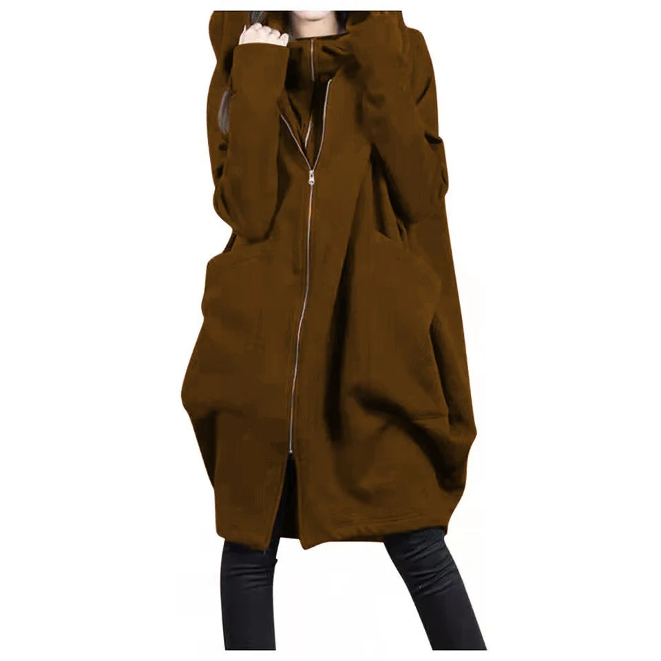 Women's Mid-Length Coat – Oversized Fit – Hood – Zipper Closure – Soft Wool Look - Image 5
