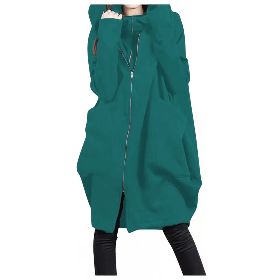 Women's Mid-Length Coat – Oversized Fit – Hood – Zipper Closure – Soft Wool Look - Image 6
