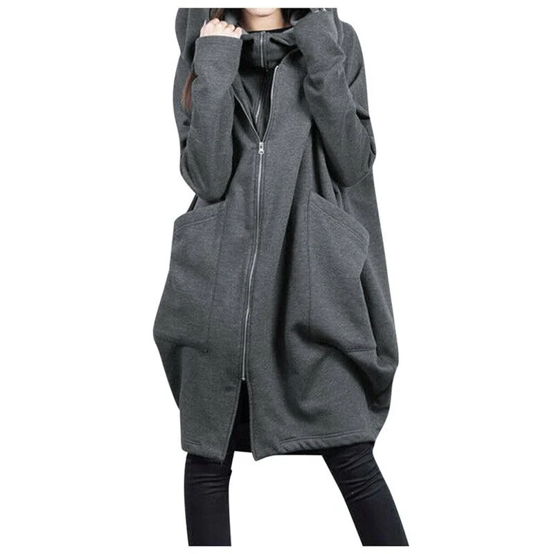 Women's Mid-Length Coat – Oversized Fit – Hood – Zipper Closure – Soft Wool Look - Image 7