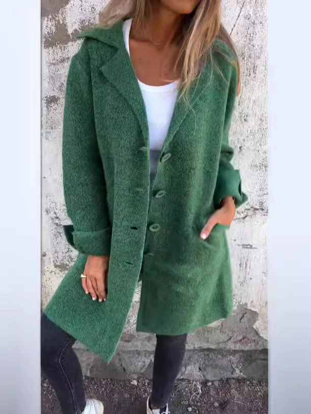 Women's Mid-Length Coat – Relaxed Fit – Wool Look – Notched Lapel – Single Row Button Closure - Image 2
