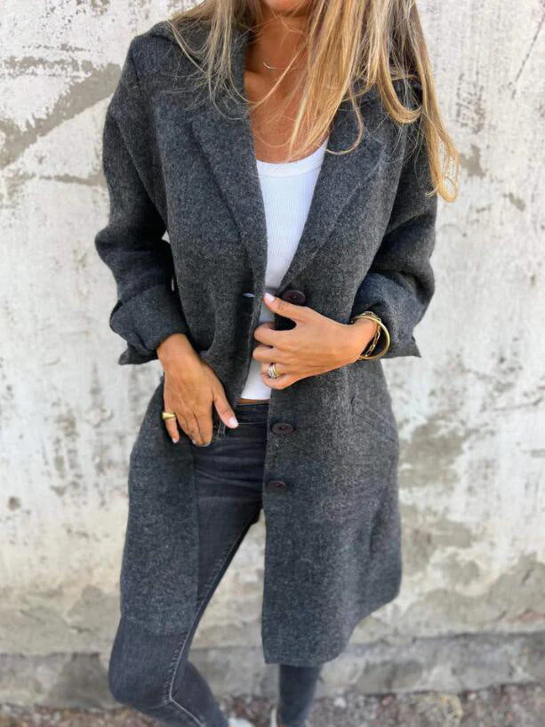 Women's Mid-Length Coat – Relaxed Fit – Wool Look – Notched Lapel – Single Row Button Closure - Image 3